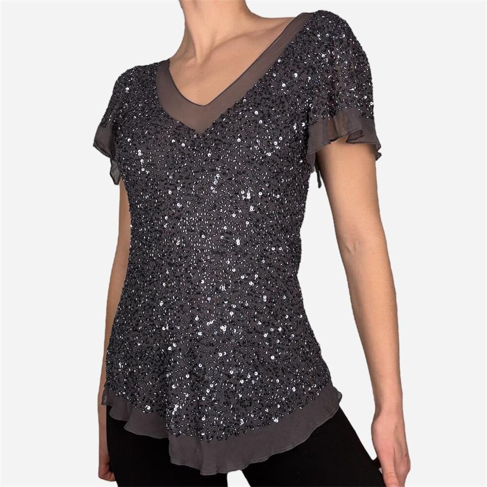 Silk beaded sequin statement top v neck formal size small Liz Jordan